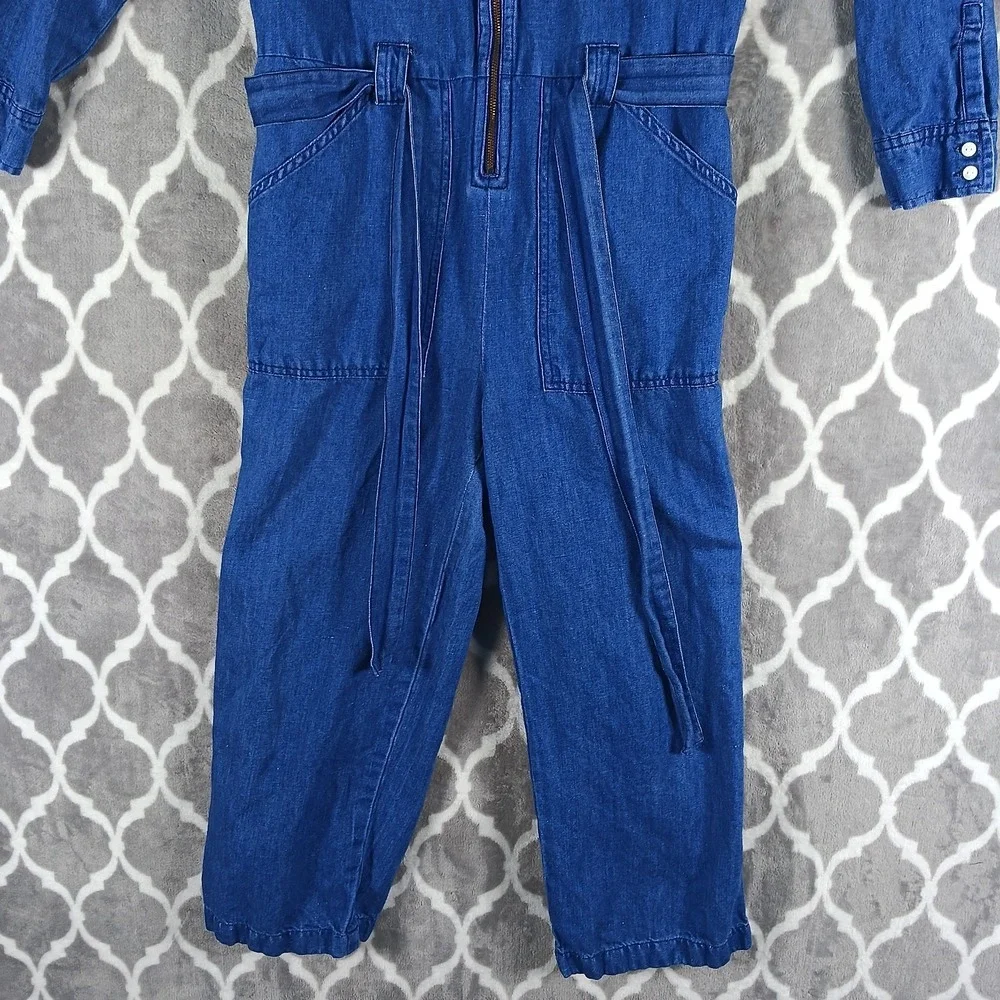 Levis Denim Jumpsuit Women Medium Blue Zip Front Tie Waist Utility Coveralls - Picture 11 of 13